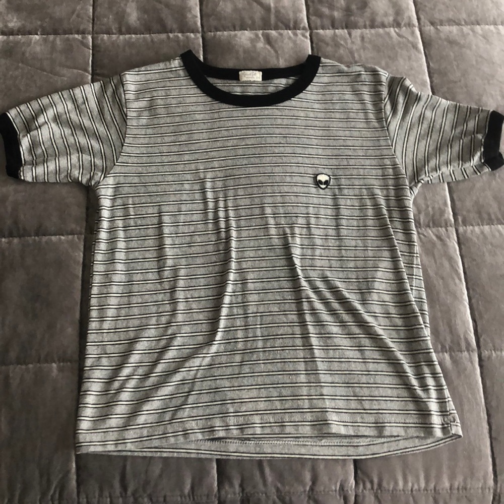 Stripped crop top with a alien sown into it